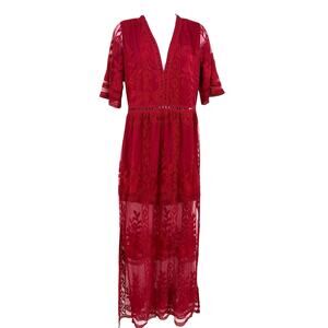 Eleter Burgundy Mesh Maxi Dress Sz M Embroidered Boho Fairy Grunge Romper Sheer